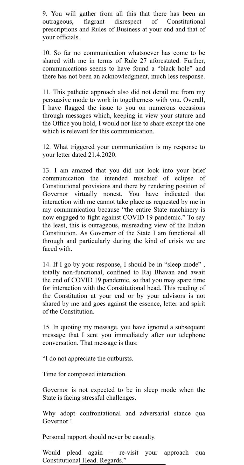 West Bengal governor`s letter