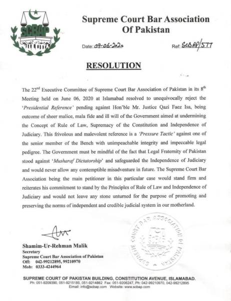 Resolution on Reference against Mr. Justice Qazi Faez Isa by SCBAP