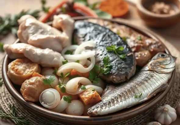 Fresh Chicken, Mutton, Fish, Onion, Garlic all are Sattvic Foods